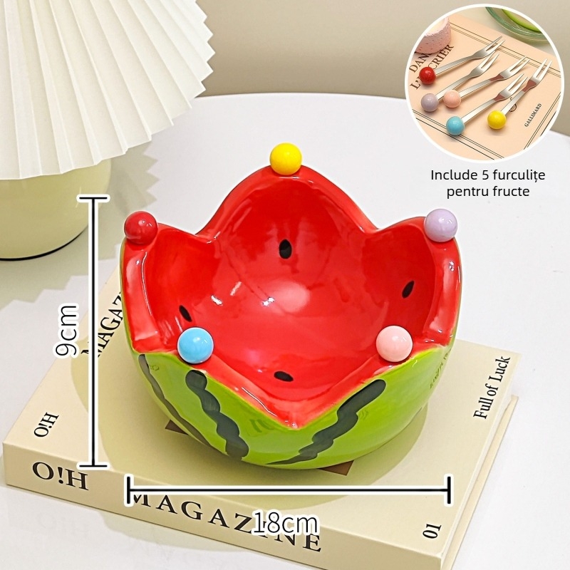 Set tacâmuri pentru fructe cu bol de pepene — farfurie de fructe din ceramică și furculițe de desert din oțel inoxidabil, pentru uz casnic