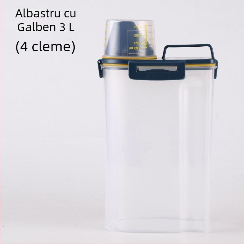 Recipient de depozitare a hranei pentru animale de companie, portabil, sigilat, rezistent la umiditate, cu pahar de măsurare, pentru hrană de câine și pisică, capacitate 1.7L/3L