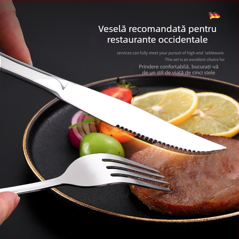 Set de tacâmuri din oțel inoxidabil pentru bucătărie occidentală: cuțit de friptură, furculiță și lingură, stil francez, în cutie
