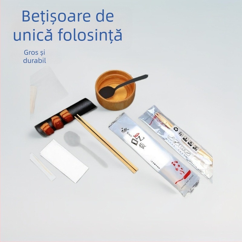 Bețişoare din lemn, de unică folosință, pentru restaurante, fast food și takeout; lingură individuală; set de 3 piese; ambalare tacâmuri 4 în 1; portabil