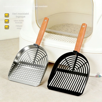 Lingură pentru nisip de pisică din oțel inoxidabil, mare, grosime, suprafață înclinată, mâner lung, două găuri, filtrare rapidă, unealtă de curățare pentru animale de companie