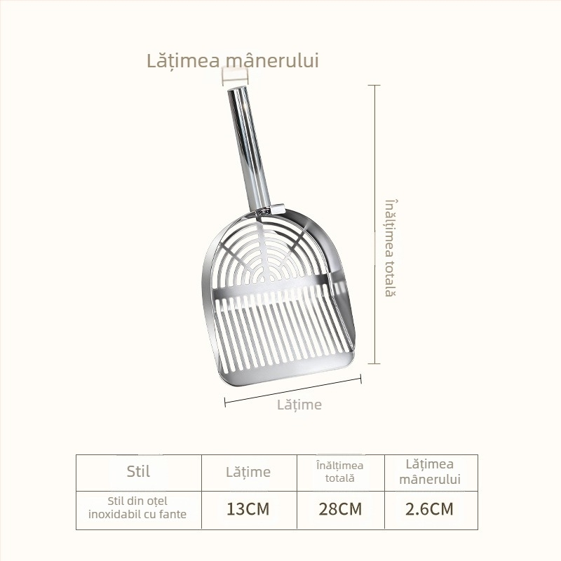 Lingură pentru nisip de pisică din oțel inoxidabil, mare, grosime, suprafață înclinată, mâner lung, două găuri, filtrare rapidă, unealtă de curățare pentru animale de companie