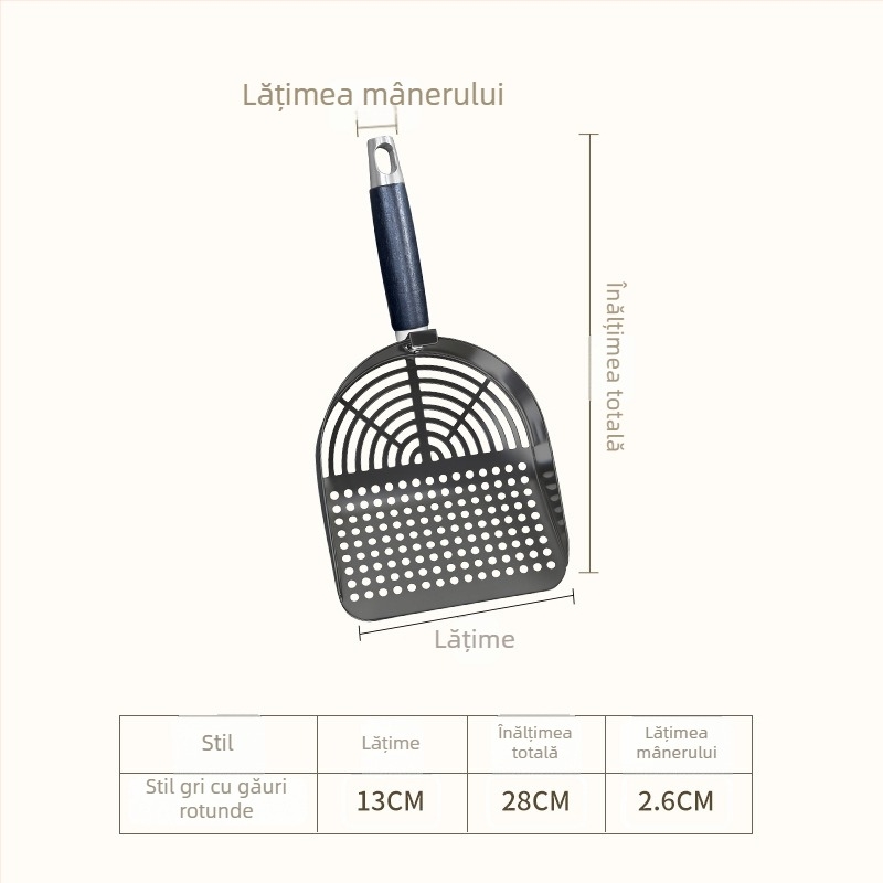 Lingură pentru nisip de pisică din oțel inoxidabil, mare, grosime, suprafață înclinată, mâner lung, două găuri, filtrare rapidă, unealtă de curățare pentru animale de companie