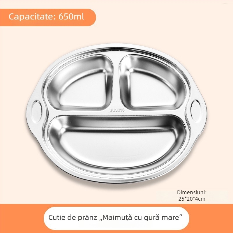 Farfurie pentru copii din oțel inoxidabil cu compartimente, 304/316, cu model desen animat, formă neregulată
