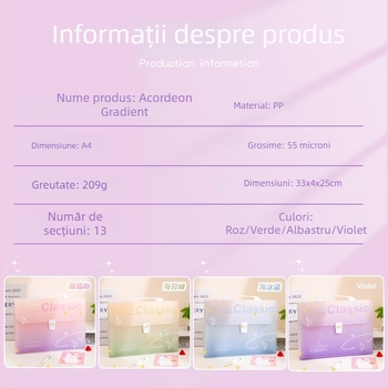 Mapă A4 tip acordeon cu mâner, culoare gradient, 12 compartimente, pentru elevi, organizator de documente