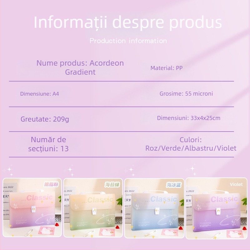 Mapă A4 tip acordeon cu mâner, culoare gradient, 12 compartimente, pentru elevi, organizator de documente