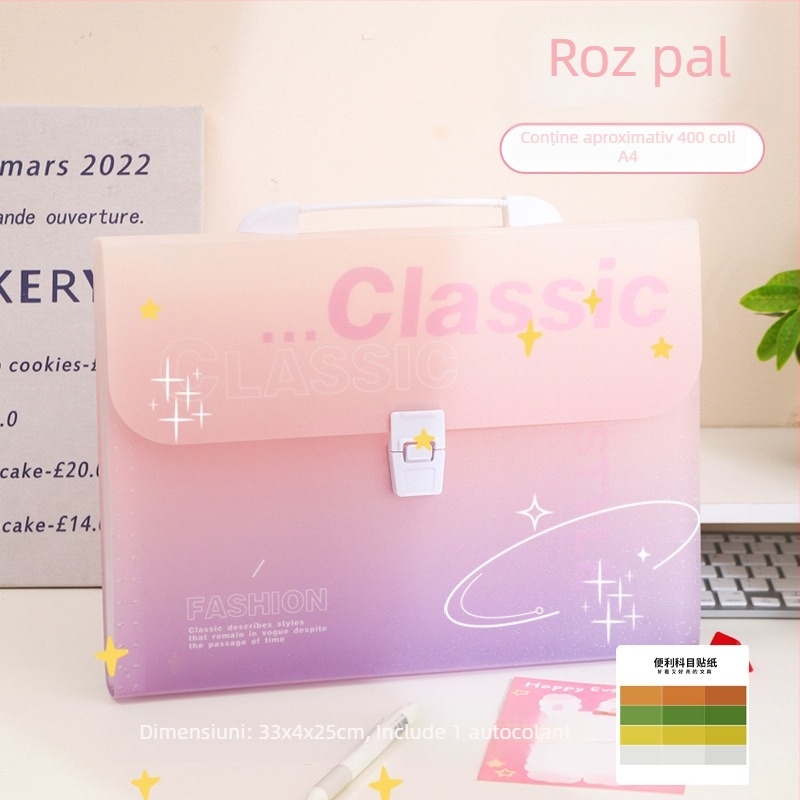 Mapă A4 tip acordeon cu mâner, culoare gradient, 12 compartimente, pentru elevi, organizator de documente