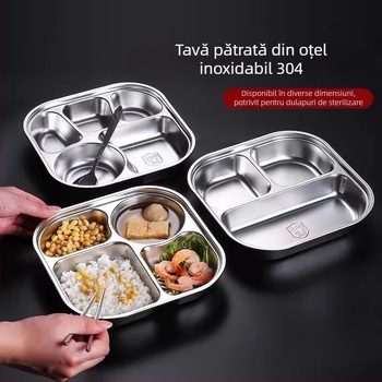 Farfurie de masă din oțel inoxidabil, cu trei compartimente și capac, clasă alimentară 304, pentru adulți și elevi