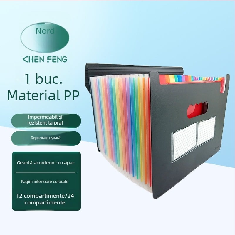 Mapă acordeon A4 cu 12/24 compartimente, fără capac, multistrat, plastic PP, organizator de birou