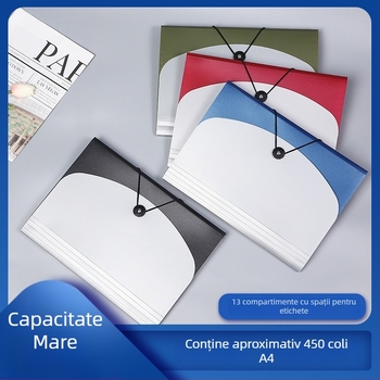 Fișier A4 cu 13 compartimente, în stil acordeon, cu cataramă și bandă elastică, pentru depozitarea documentelor studenților