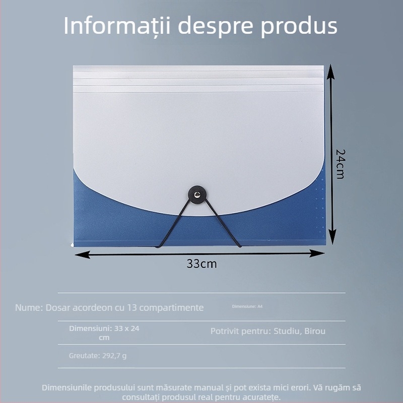 Fișier A4 cu 13 compartimente, în stil acordeon, cu cataramă și bandă elastică, pentru depozitarea documentelor studenților