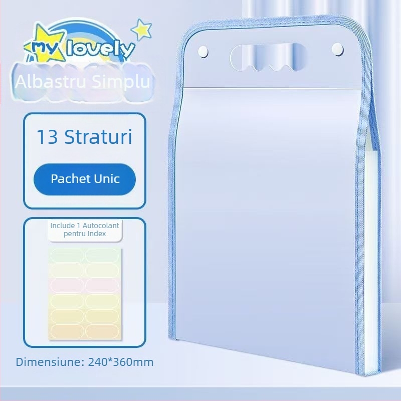 Mapă A4 cu 13 buzunare, tip acordeon, cu mâner, pentru elevi