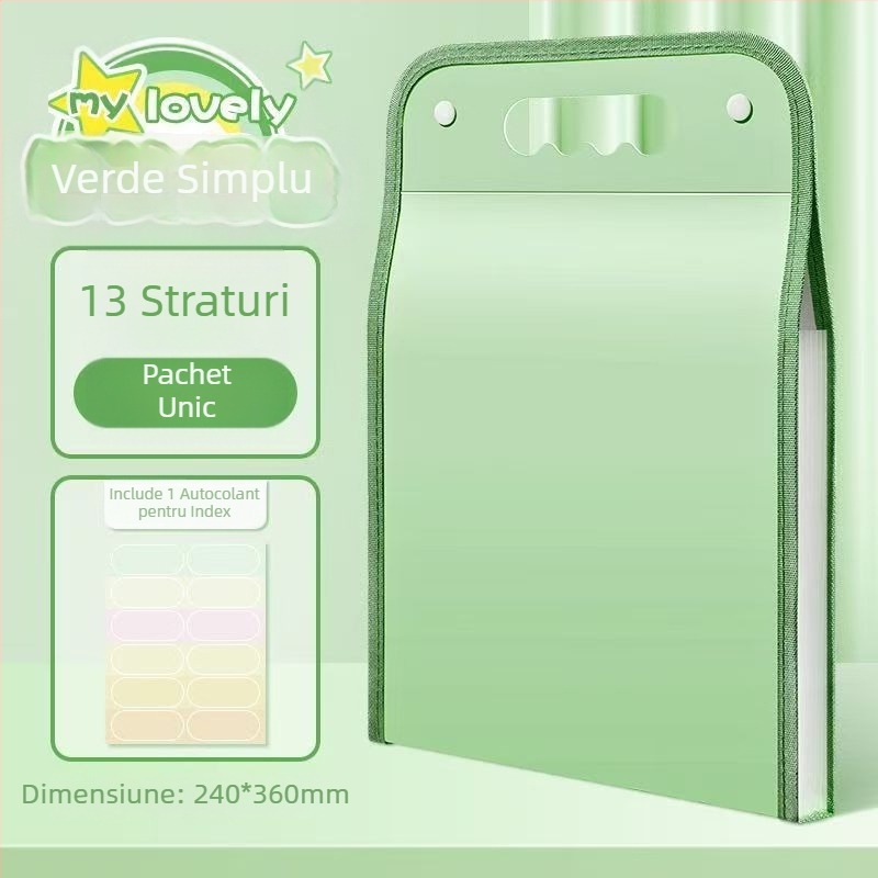 Mapă A4 cu 13 buzunare, tip acordeon, cu mâner, pentru elevi
