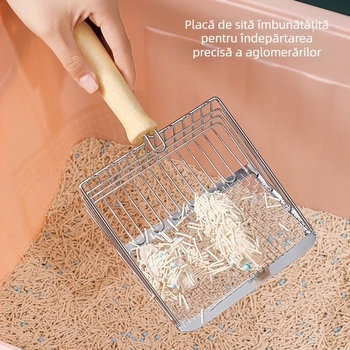Lingură mare pentru nisip de pisică din oțel inoxidabil, cu găuri fine, nisip cu bentonită