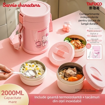 Cutie de prânz izolată, 3 niveluri, cu design desen animat, din oțel inoxidabil 316, protecție anti-arsuri, capacitate 2 L