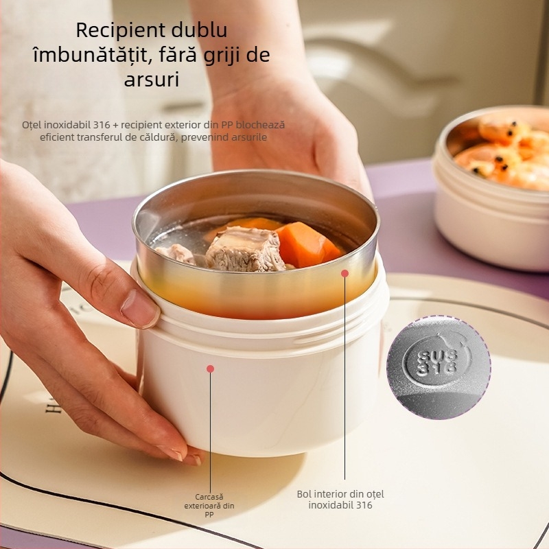 Cutie de prânz izolată, 3 niveluri, cu design desen animat, din oțel inoxidabil 316, protecție anti-arsuri, capacitate 2 L