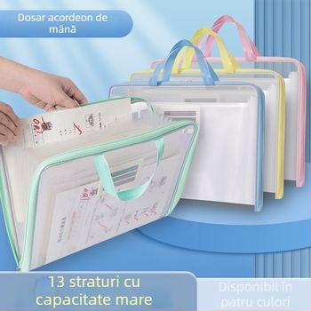 Mapă transparentă orizontală cu 13 buzunare pentru documente și lucrări școlare