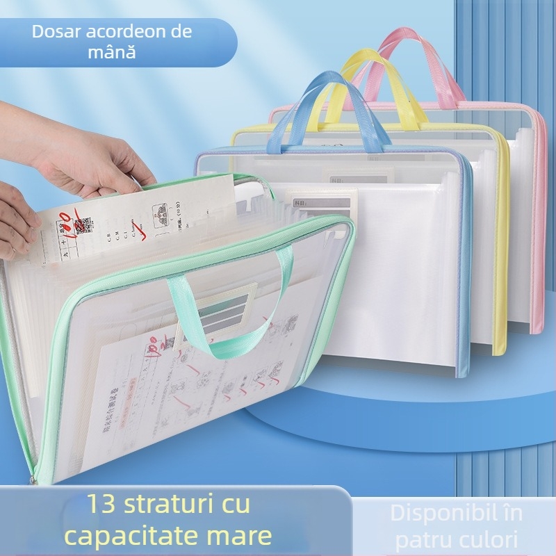 Mapă transparentă orizontală cu 13 buzunare pentru documente și lucrări școlare