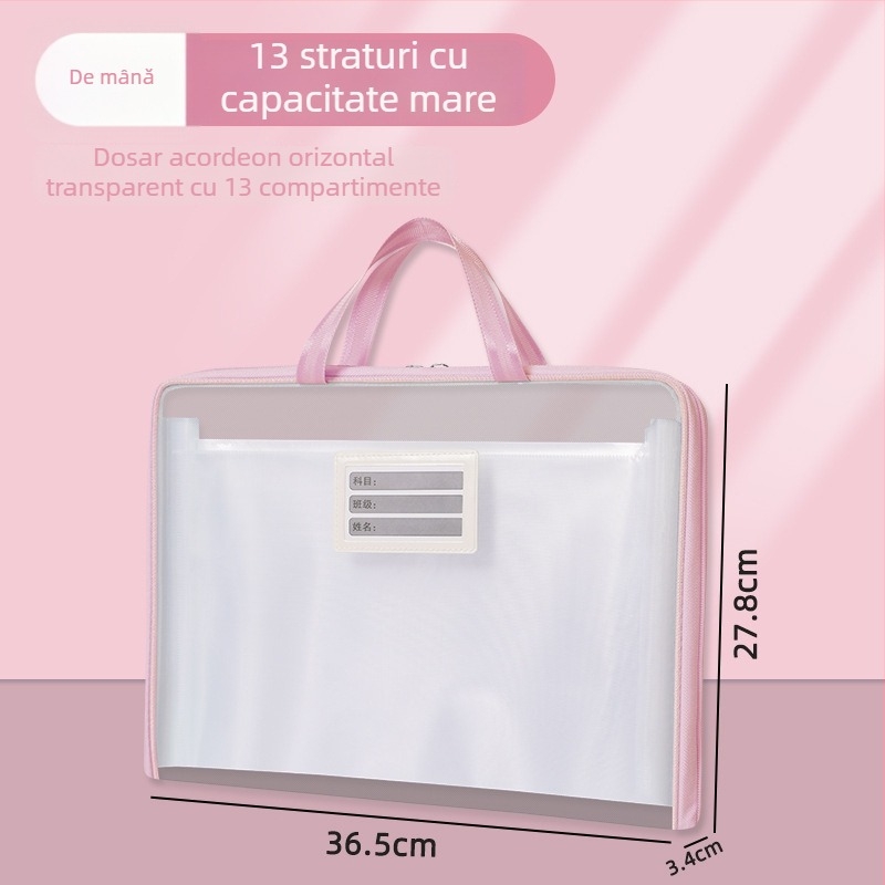 Mapă transparentă orizontală cu 13 buzunare pentru documente și lucrări școlare