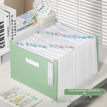 Organizator de fișiere A4 cu 25 compartimente, design acordeon, portabil, orientare orizontală sau verticală