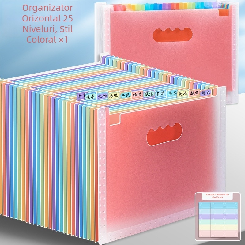 Organizator de fișiere A4 cu 25 compartimente, design acordeon, portabil, orientare orizontală sau verticală