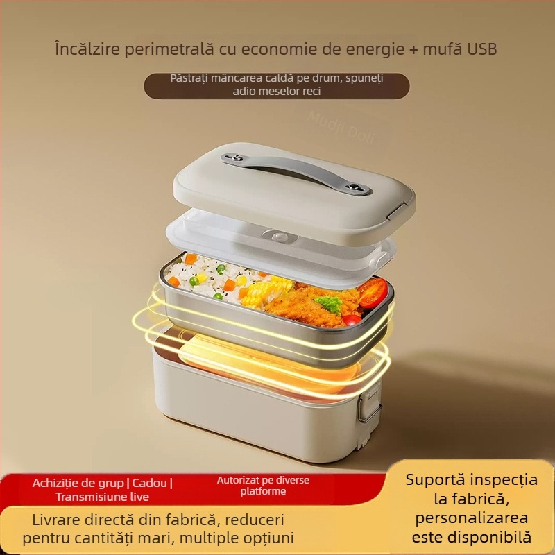 Cutie electrică pentru prânz de 1 litru cu încălzire, conectare la priză, vas interior din oțel inoxidabil, insert detașabil, pentru încălzirea meselor la muncă, aburire și utilizare în mașină vara.