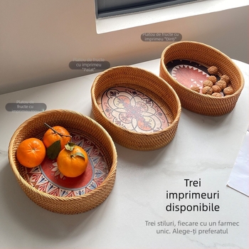 Masă ovală de cafea din răchită, stil Nordic, cu model imprimat și coș de depozitare, platou de fructe pentru living
