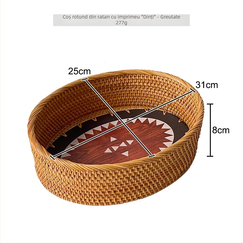 Masă ovală de cafea din răchită, stil Nordic, cu model imprimat și coș de depozitare, platou de fructe pentru living