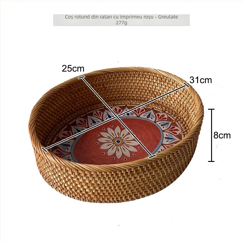 Masă ovală de cafea din răchită, stil Nordic, cu model imprimat și coș de depozitare, platou de fructe pentru living
