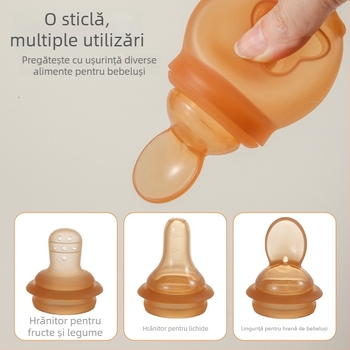 Lingură 3 în 1 pentru bebeluși: lingură multifuncțională pentru piure de orez, lingură pentru alimentație complementar și alimentator pentru mușcături de fructe și legume
