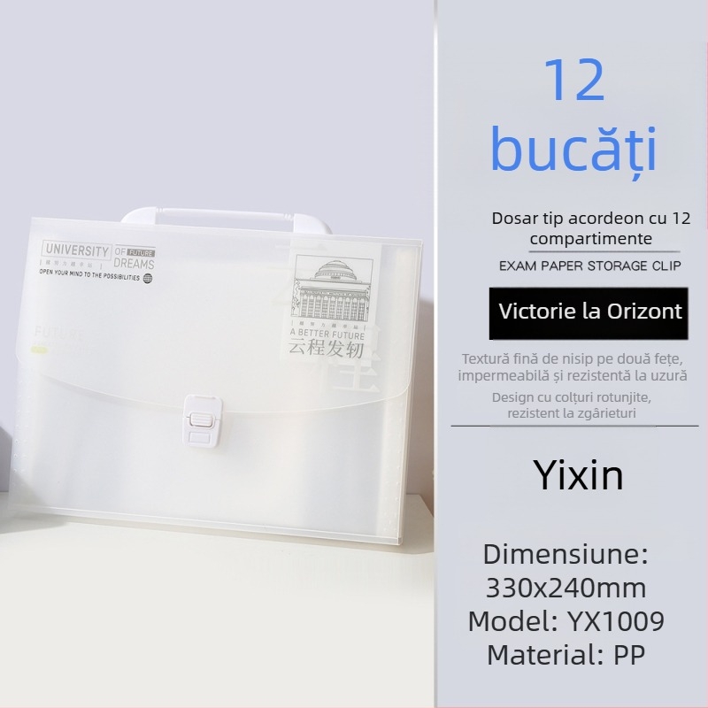 Organizator tip acordeon din PP pentru elevi, cu imprimeu text, 13 compartimente, capacitate mare pentru fișe de examen