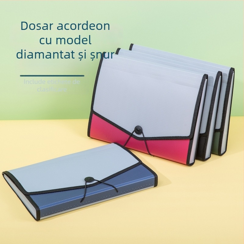 Mapă A4 tip acordeon cu curea, model diamant, spațiu mare pentru documente, 13 compartimente
