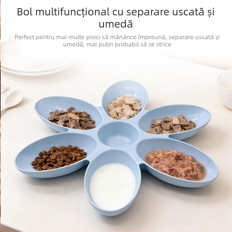 Vas pentru pisici cu mai multe compartimente – pentru hrănire și apă pentru mai multe pisici, protecție împotriva vărsării