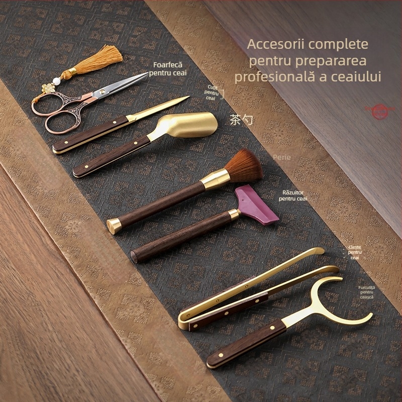 Set ceremonie ceai din lemn de nuc — Șase Domni ai ceaiului, accesorii pentru masă de ceai, instrumente pentru prepararea ceaiului, cuțit de ceai, clips pentru ceai