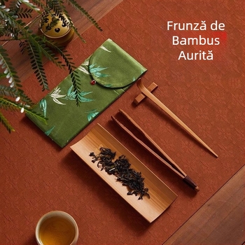 Accesorii pentru ceremonia Gongfu a ceaiului, în stil chinezesc, cu sac textil de depozitare, foarfece de ceai și Clești de ceai, set de șase piese
