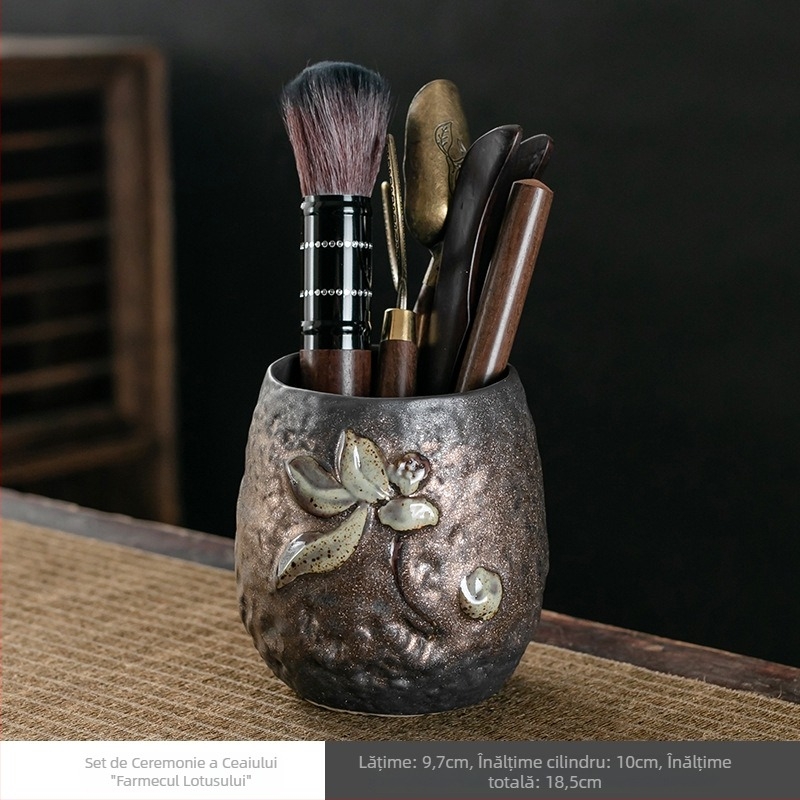 Set ceremonial de ceai din ceramică aurie, cu accente de abanos — șase domni pentru ceai kung fu, accesorii pentru prepararea ceaiului: cuțit de ceai, ac de ceai, clips de ceai