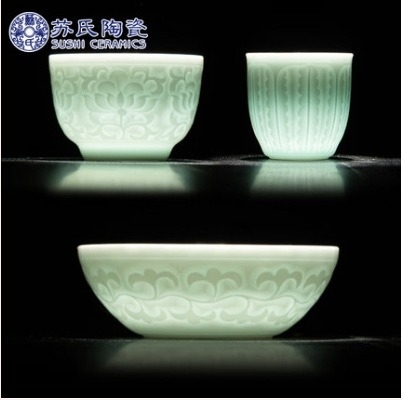 Vas ceramic Jadeite de la Su, bol cu capac în formă de potcoavă suspendată, model damasc nordic-european, cutie cadou, set mic cu două boluri cu capac