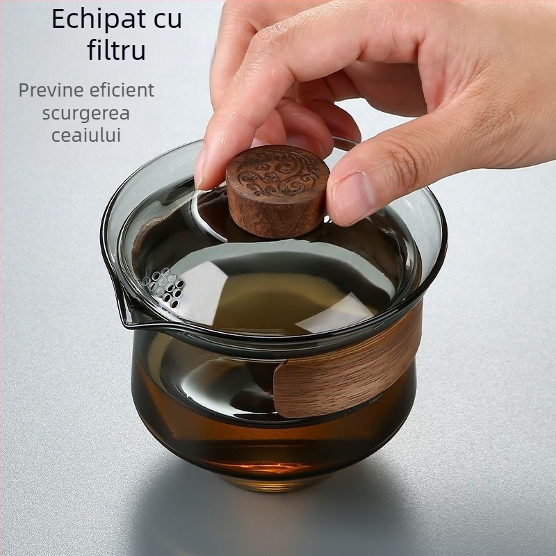 Set de ceai din sticlă groasă cu capac, în stil chinezesc
