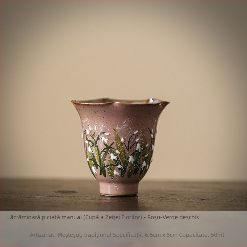 Ceșcuță Gongfu pentru ceai, pictură manuală Lily of the Valley, ceramică, stil chinezesc, cu suport pentru farfurioară