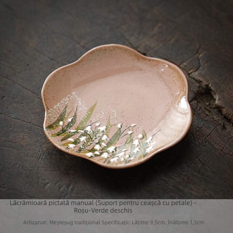 Ceșcuță Gongfu pentru ceai, pictură manuală Lily of the Valley, ceramică, stil chinezesc, cu suport pentru farfurioară