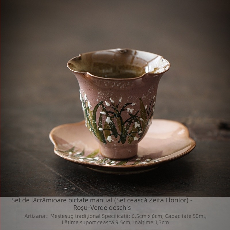 Ceșcuță Gongfu pentru ceai, pictură manuală Lily of the Valley, ceramică, stil chinezesc, cu suport pentru farfurioară