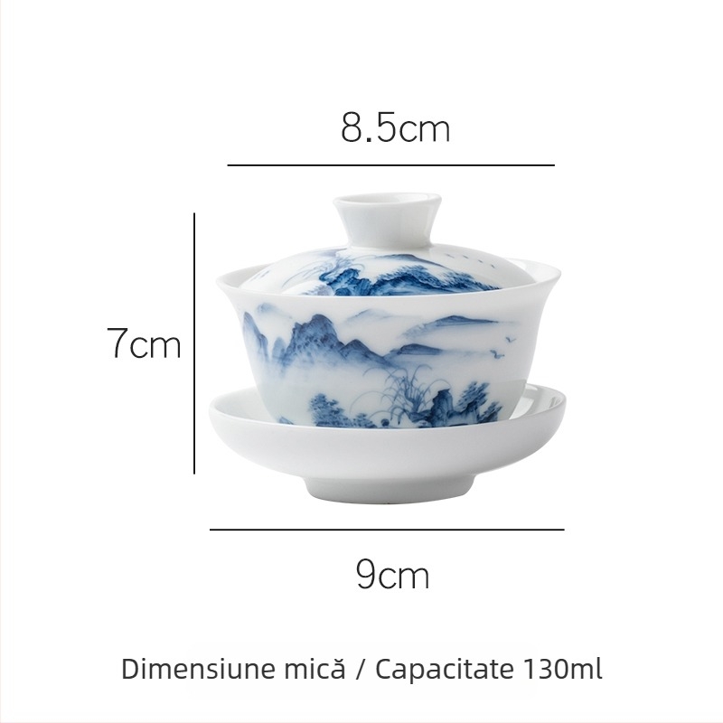 Ceai mare cu capac, pictură manuală, porțelan albastru-alb, set ceramic pentru ceremonialul ceaiului chinezesc cu peisaj (trei piese)