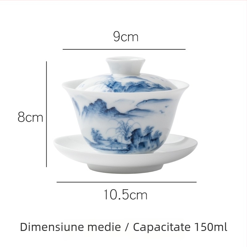 Ceai mare cu capac, pictură manuală, porțelan albastru-alb, set ceramic pentru ceremonialul ceaiului chinezesc cu peisaj (trei piese)