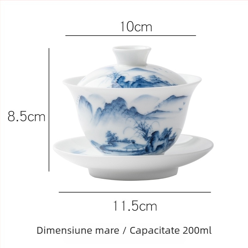 Ceai mare cu capac, pictură manuală, porțelan albastru-alb, set ceramic pentru ceremonialul ceaiului chinezesc cu peisaj (trei piese)
