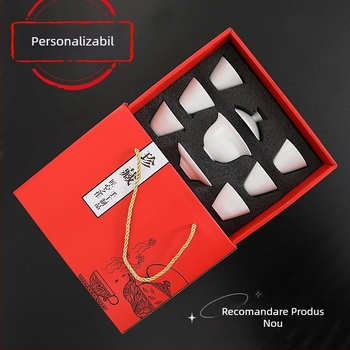 Set Gongfu de ceai într-o cutie cadou din ceramică, cu gaiwan și cești, design minimalist, logo personalizat