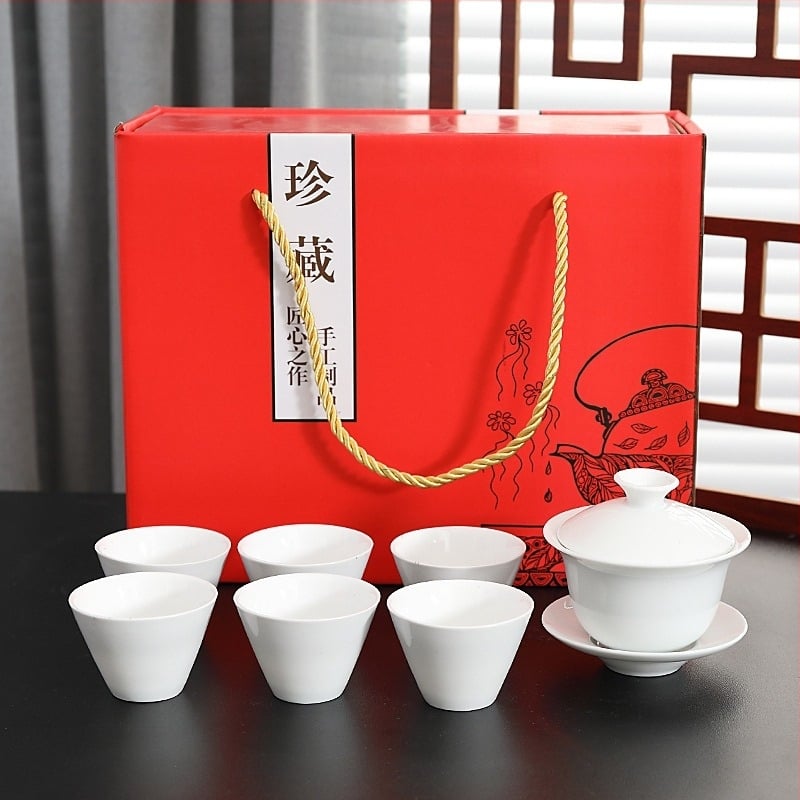 Set Gongfu de ceai într-o cutie cadou din ceramică, cu gaiwan și cești, design minimalist, logo personalizat