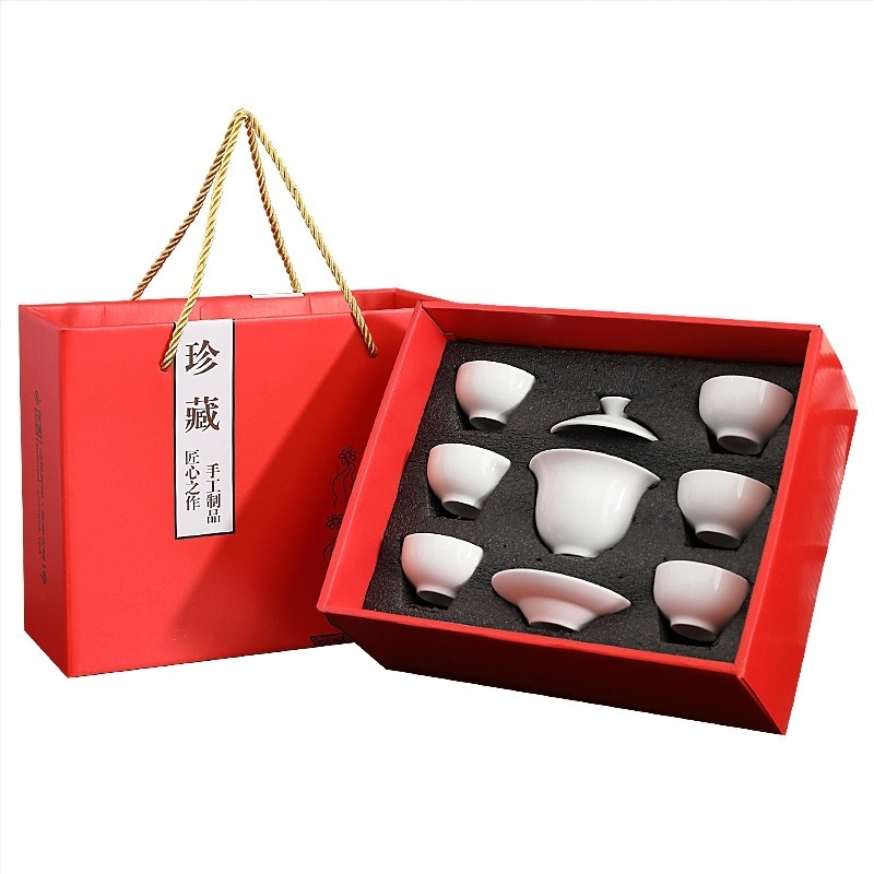 Set Gongfu de ceai într-o cutie cadou din ceramică, cu gaiwan și cești, design minimalist, logo personalizat