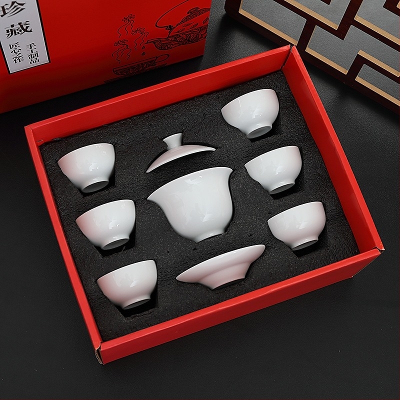 Set Gongfu de ceai într-o cutie cadou din ceramică, cu gaiwan și cești, design minimalist, logo personalizat