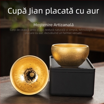 Ceșcuță de ceai Jianzhan cu glazură aur 24K și picături de ulei, ceramică artizanală Jianyang cu corp din fier, în cutie cadou