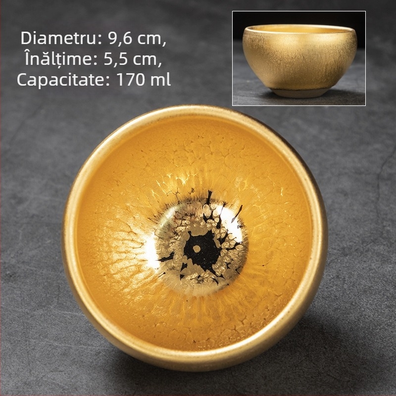 Ceșcuță de ceai Jianzhan cu glazură aur 24K și picături de ulei, ceramică artizanală Jianyang cu corp din fier, în cutie cadou